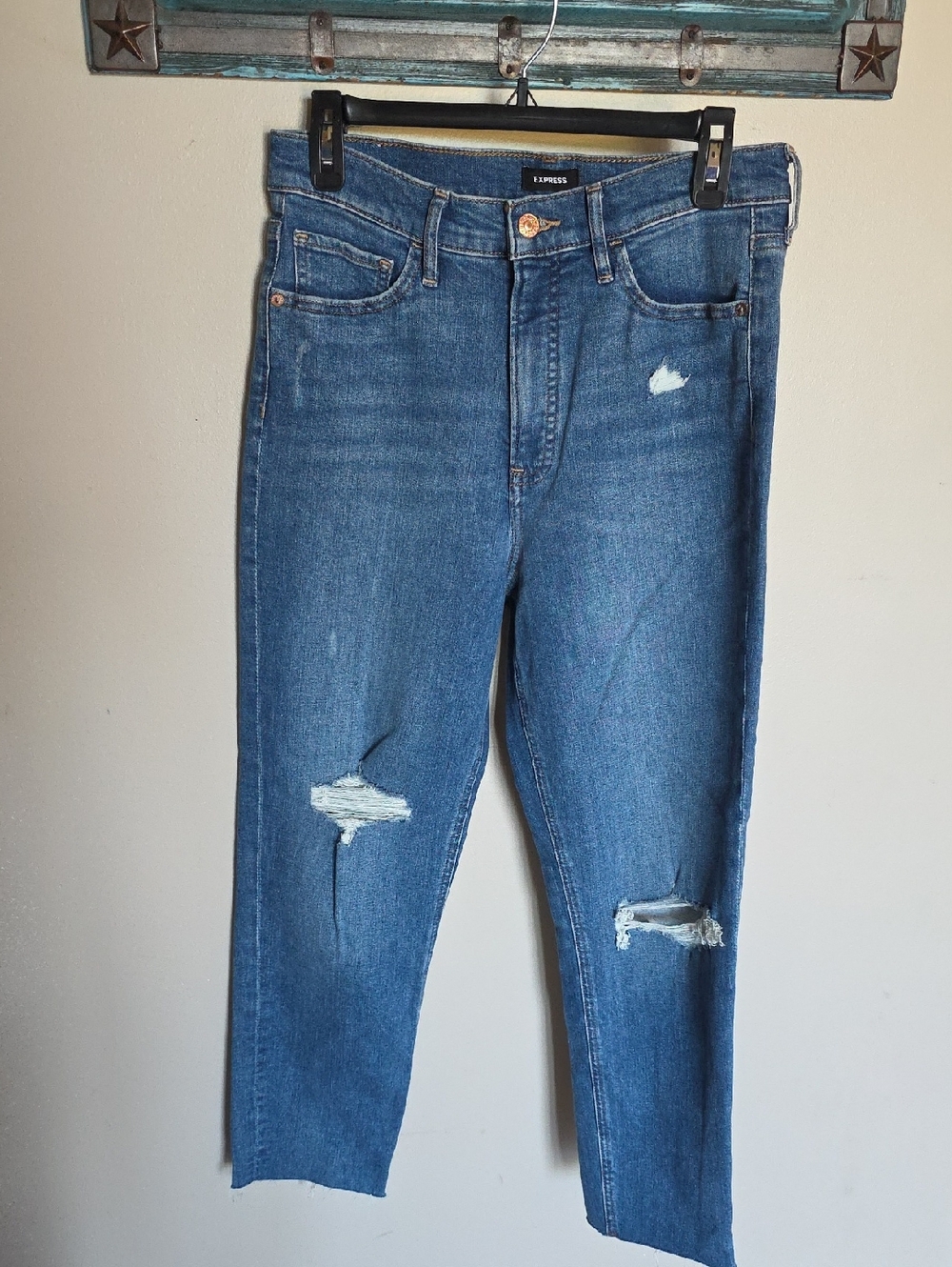 Express Women's Mom JEAN Super High Rise Blue Distressed High-Rise Jeans